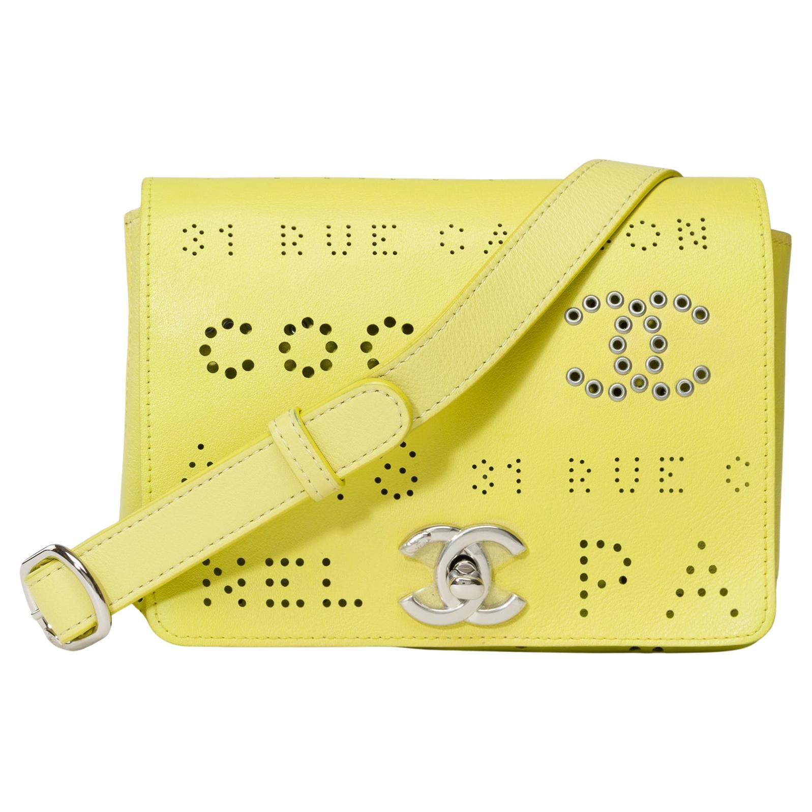 Chanel Classic shoulder flap bag in Yellow perforated leather, SHW