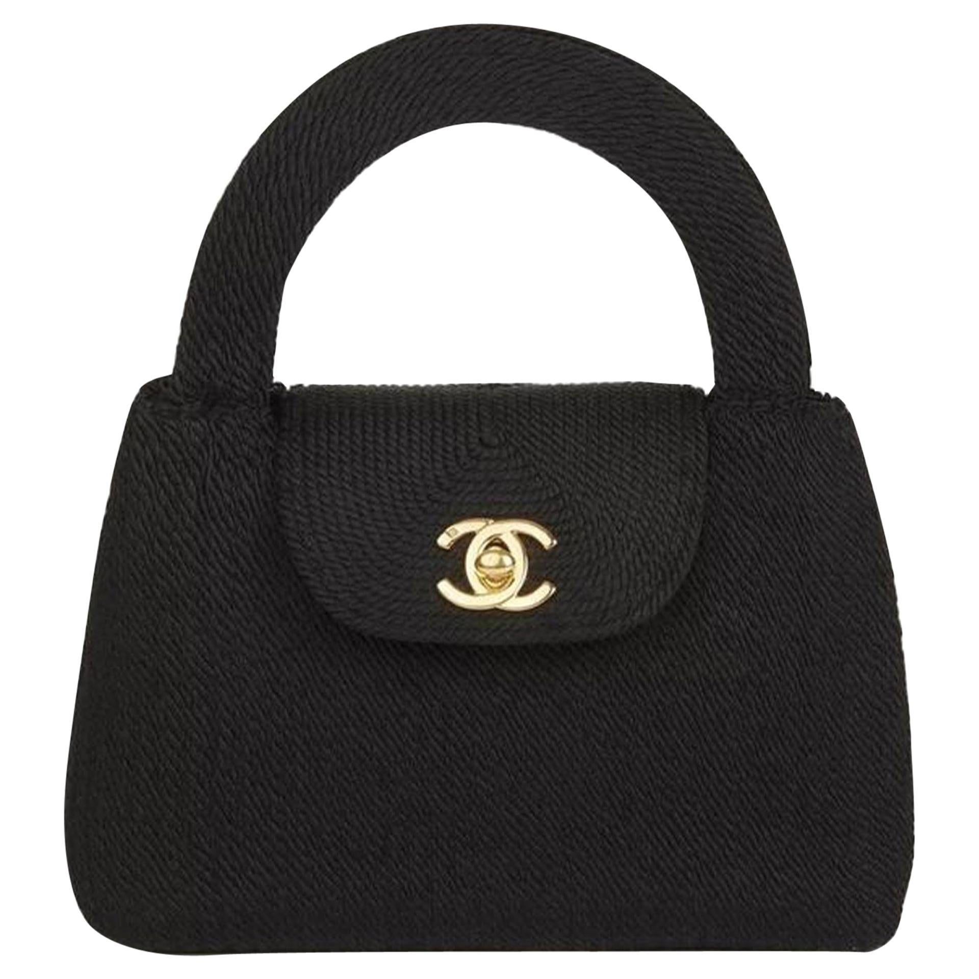 Chanel Classic Silk Woven Top Handle Mini Kelly Flap Black Rope
