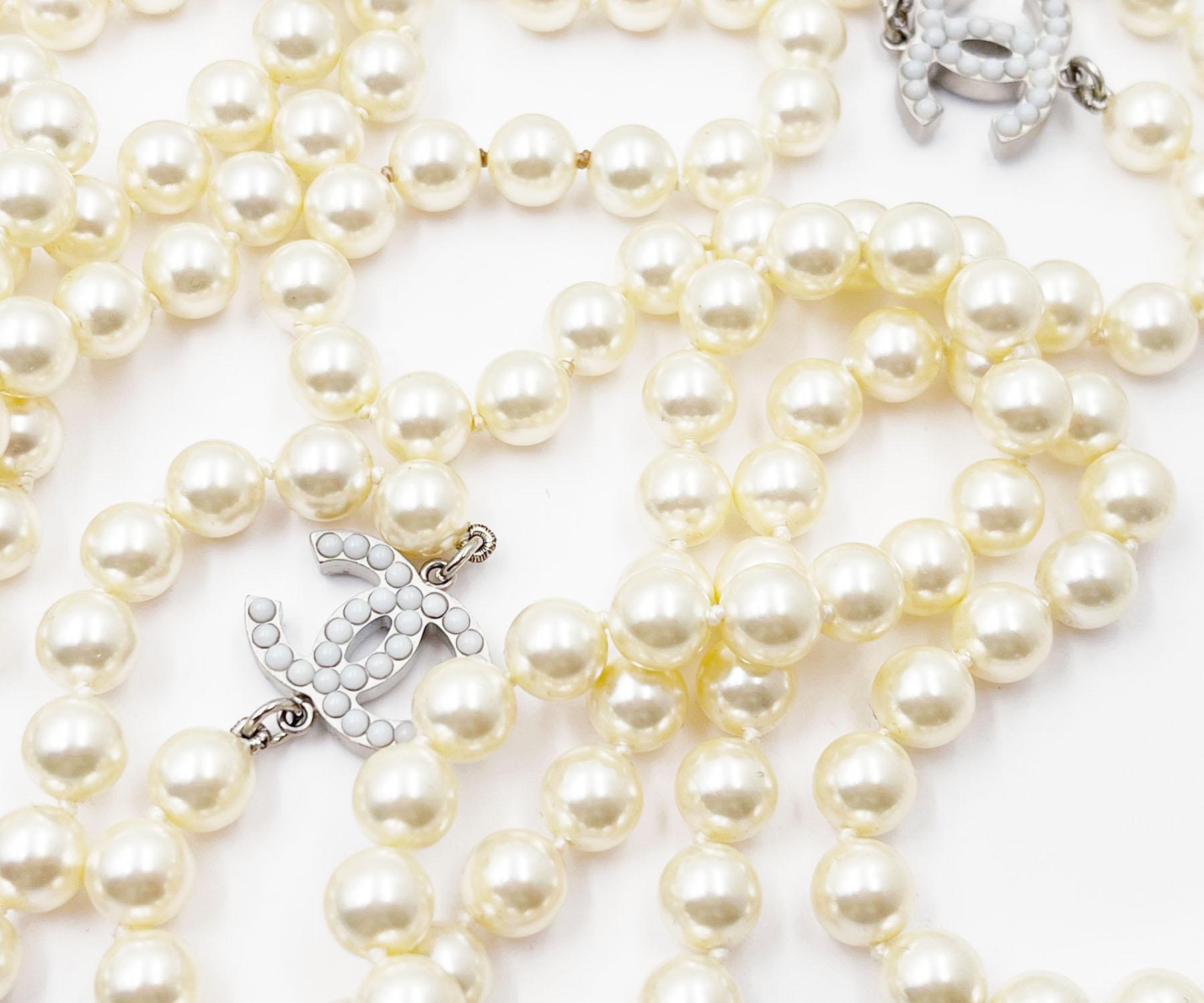 Artisan Chanel Classic Silver CC 72″ Super Long Faux Pearl Necklace