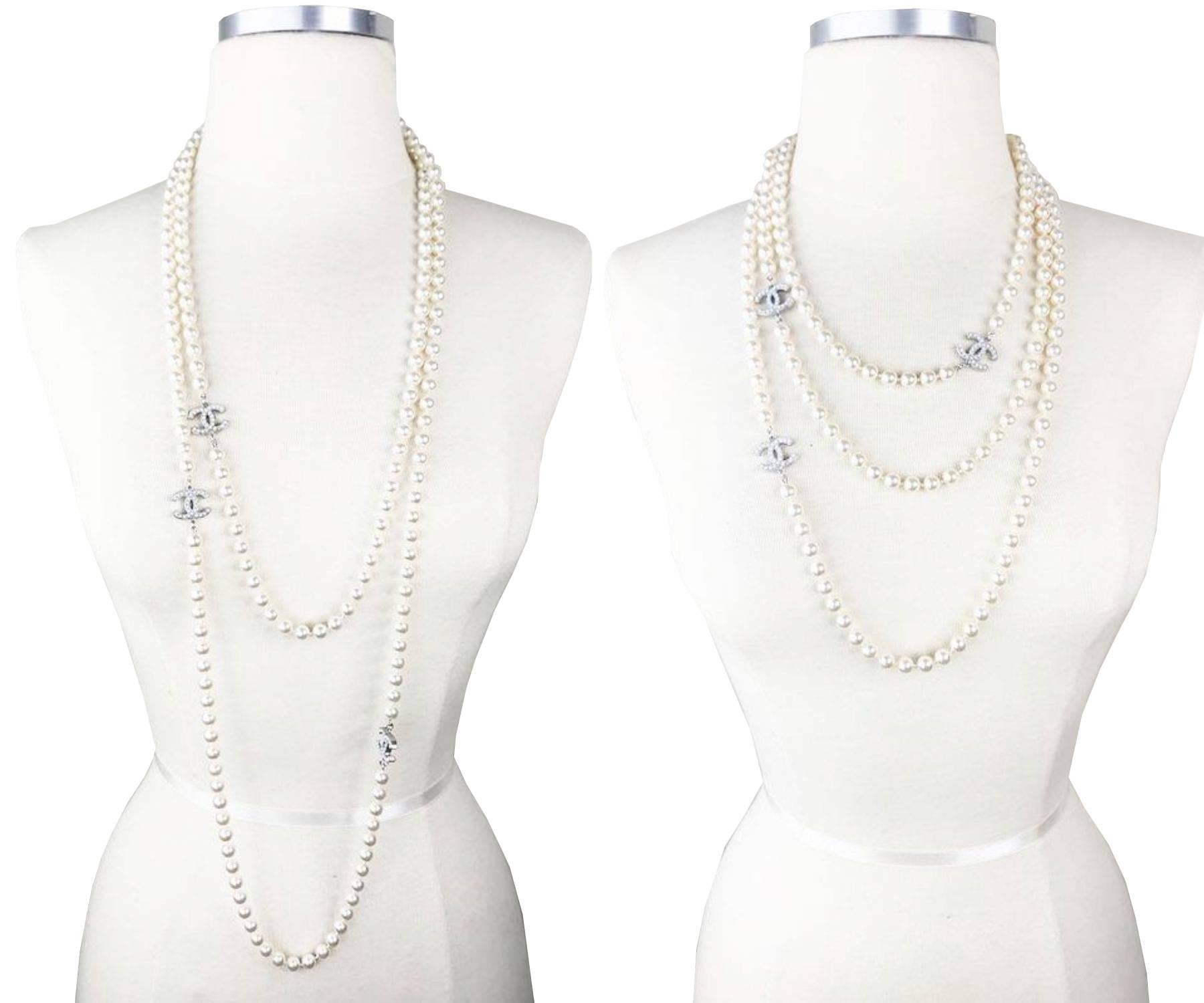 Chanel Classic Silver CC 72″ Super Long Faux Pearl Necklace In Excellent Condition In Pasadena, CA
