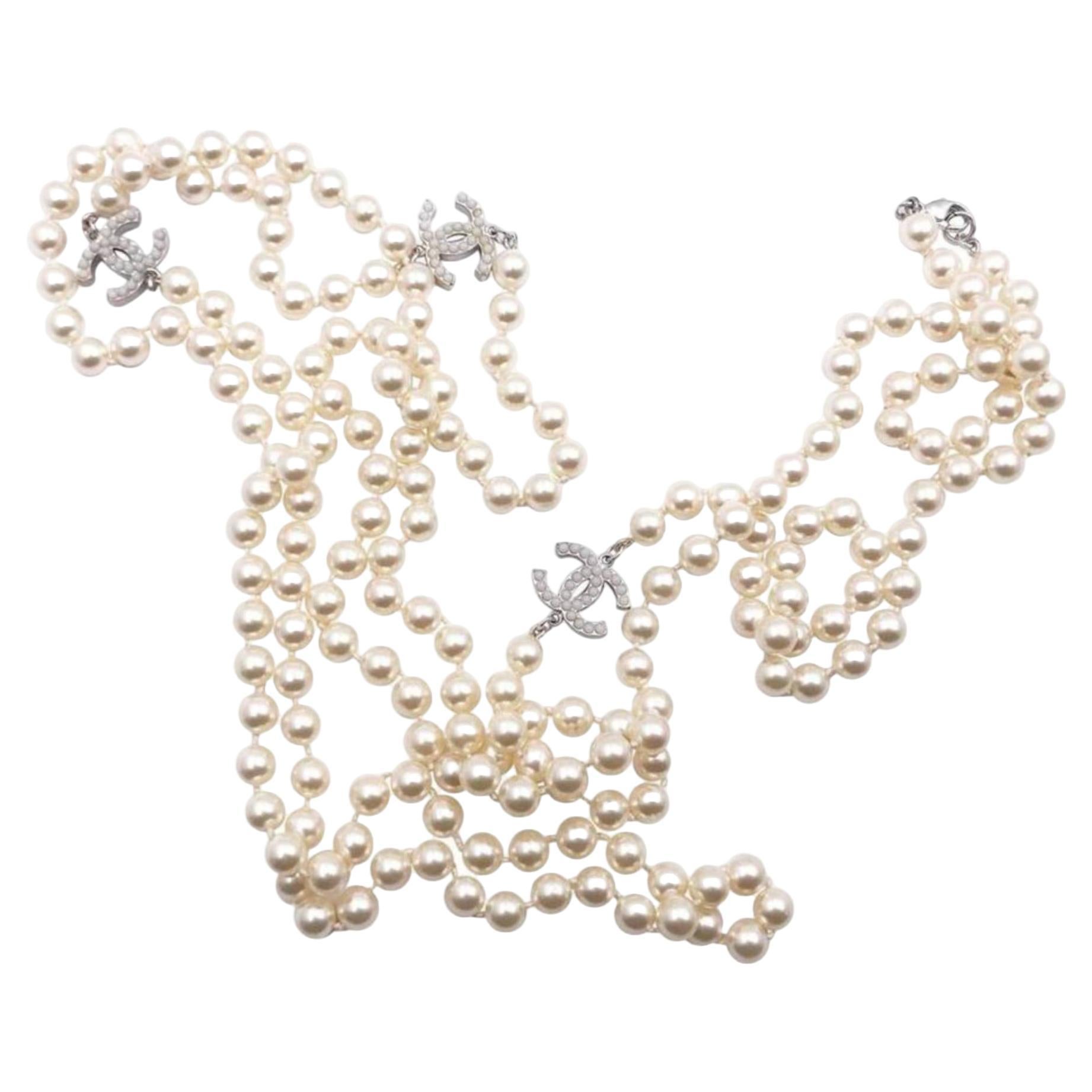 Chanel Classic Silver CC 72" Super Long Faux Pearl Necklace  