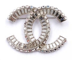 Chanel Classic Silver CC Baguette Crystal Brooch