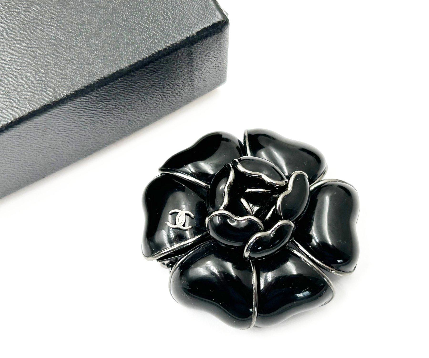 Artisan Chanel Classic Silver CC Black Camellia Flower Brooch