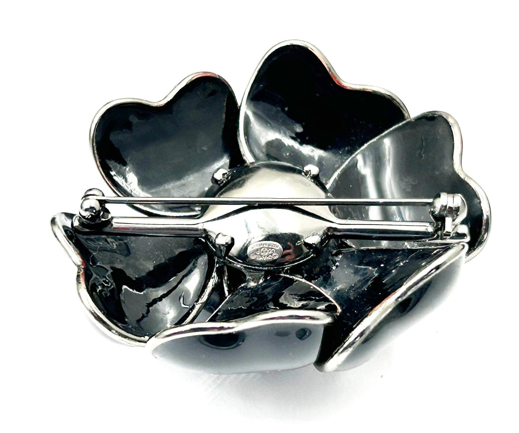 Women's Chanel Classic Silver CC Black Camellia Flower Brooch