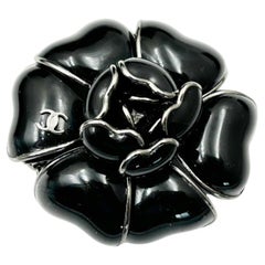 Chanel Classic Silver CC Black Camellia Flower Brooch 