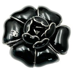 Chanel Classic Silver CC Black Camellia Flower Brooch
