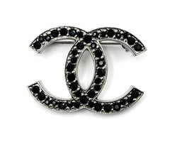 Chanel Classic Silver CC Black Crystal Medium Brooch