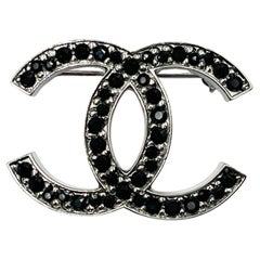 Chanel Classic Silver CC Black Crystal Medium Brooch