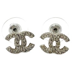 Chanel Classic Silver CC Crystal Curve Small Piercing Earrings 