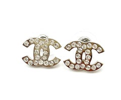 Chanel Classic Silver CC Crystal Medium Piercing Earrings