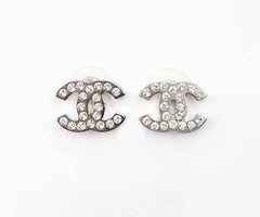 Chanel Classic Silver CC Crystal Medium Piercing Earrings