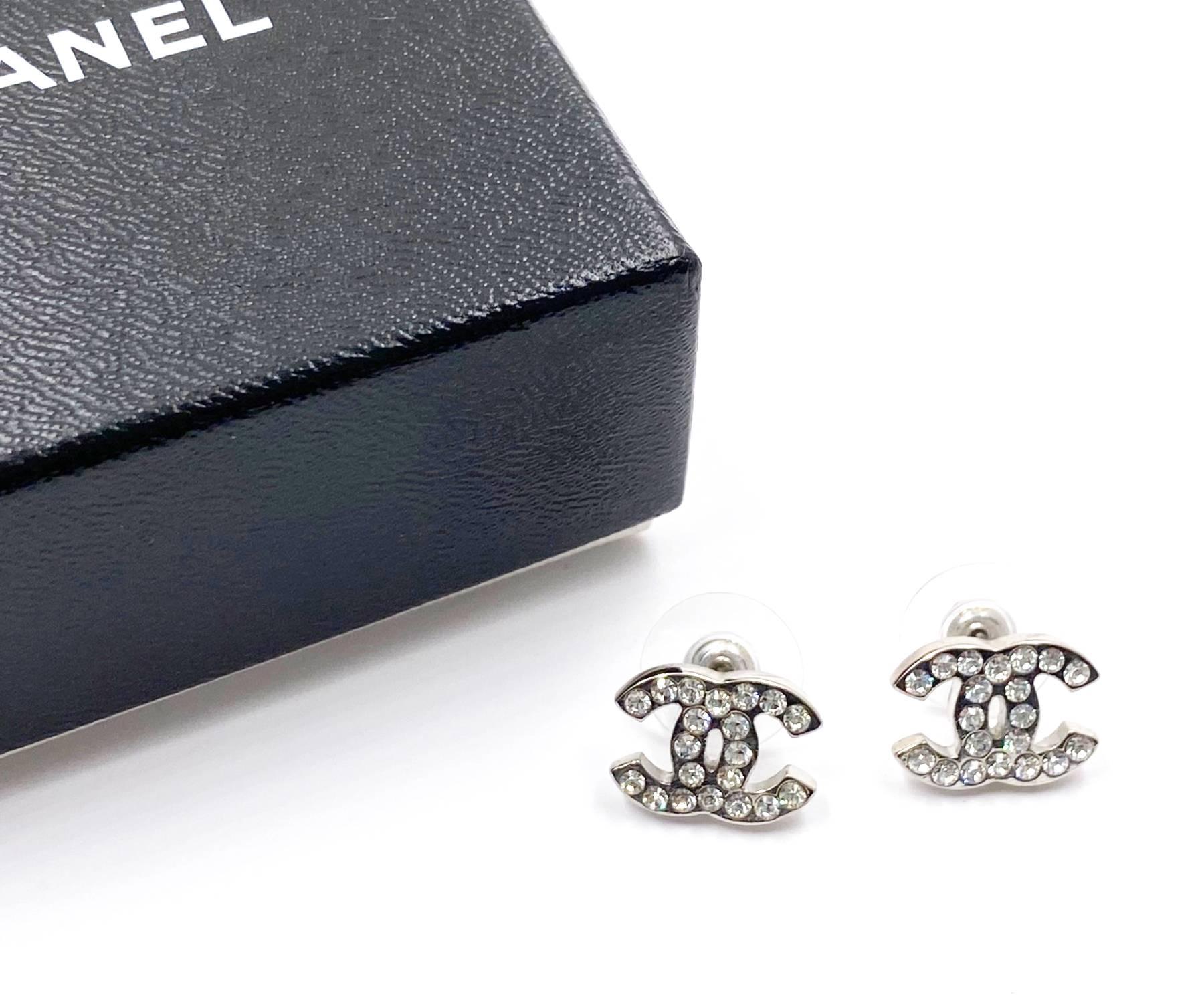Artisan Chanel Classic Silver CC Crystal Medium Piercing Earrings
