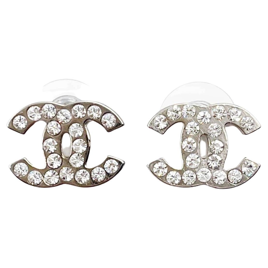 Chanel Classic Silver CC Crystal Medium Piercing Earrings