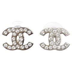 Chanel Classic Silver CC Crystal Medium Piercing Earrings 