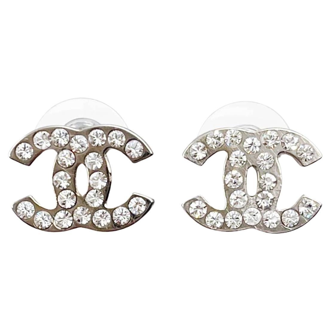 Chanel Classic Silver CC Crystal Medium Piercing Earrings  For Sale