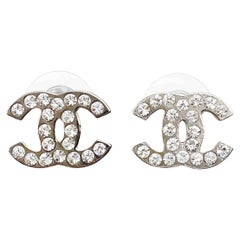 Used Chanel Classic Silver CC Crystal Medium Piercing Earrings 