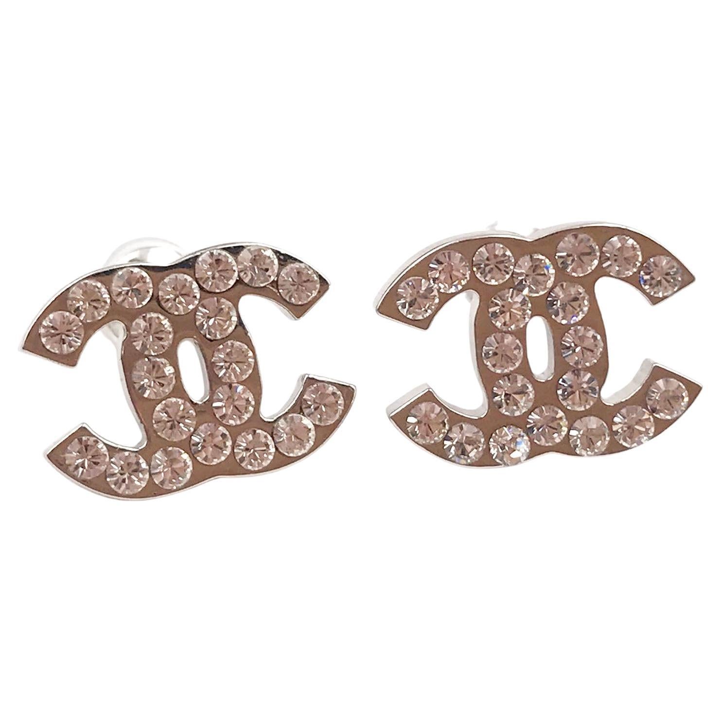 Chanel Classic Silver CC Crystal Medium Piercing Earrings  