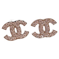 Chanel Classic Silver CC Crystal Medium Piercing Earrings