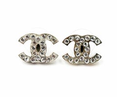 Chanel Classic Silver CC Crystal Medium Stud Piercing Earrings