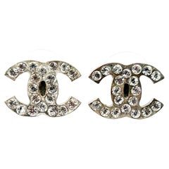 Chanel Classic Silver CC Crystal Medium Stud Piercing Earrings 