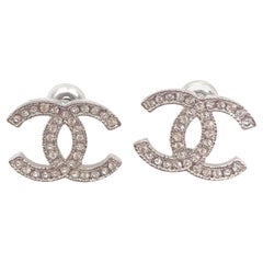 Chanel Classic Silver CC Crystal Moscova Piercing Earrings