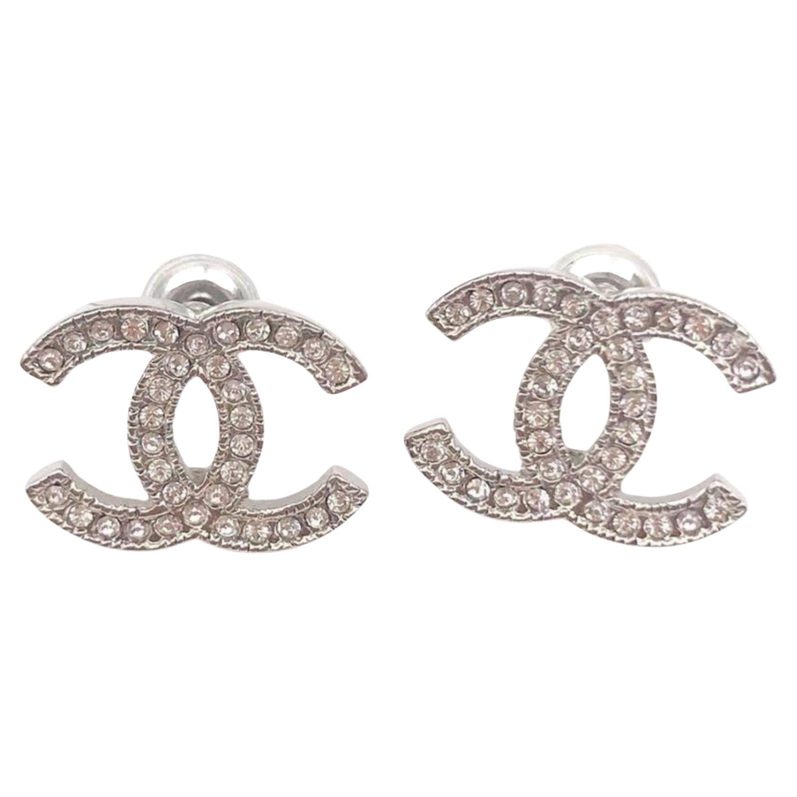 Chanel Classic Silver CC Crystal Moscova Piercing Earrings 