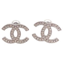 Chanel Classic Silver CC Crystal Moscova Piercing Earrings