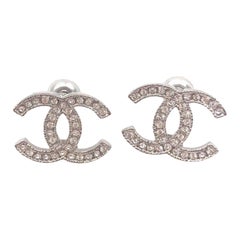 Chanel Classic Silver CC Crystal Moscova Piercing Earrings