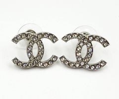 Chanel Classic Silver CC Crystal Reissued Moscova  Piercing Earrings