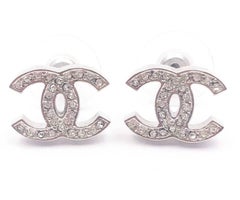 Chanel Classic Silver CC Crystal Reissued Piercing Earrings
