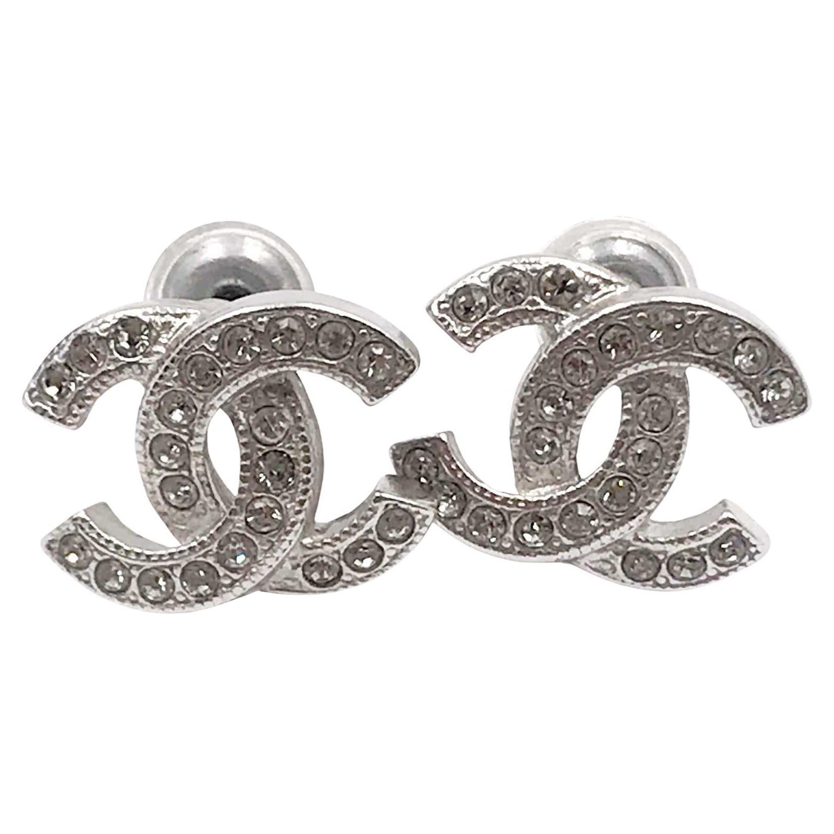 Chanel Classic Silver CC Crystal Reissued Piercing Earrings in vendita