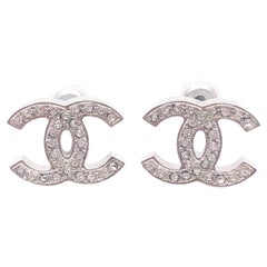 Chanel Classic Silver CC Crystal Reissued Piercing Earrings
