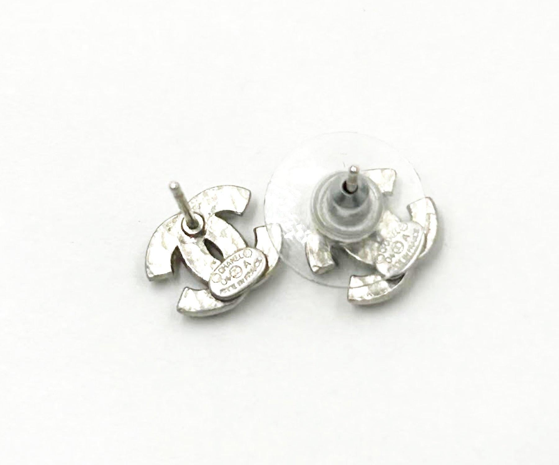 Women's Chanel Classic Silver CC Crystal Small Piercing Earrings