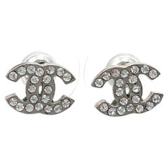 Chanel Classic Silver CC Crystal Small Piercing Earrings
