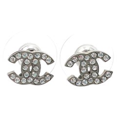 Chanel Classic Silver CC Crystal Small Piercing Earrings