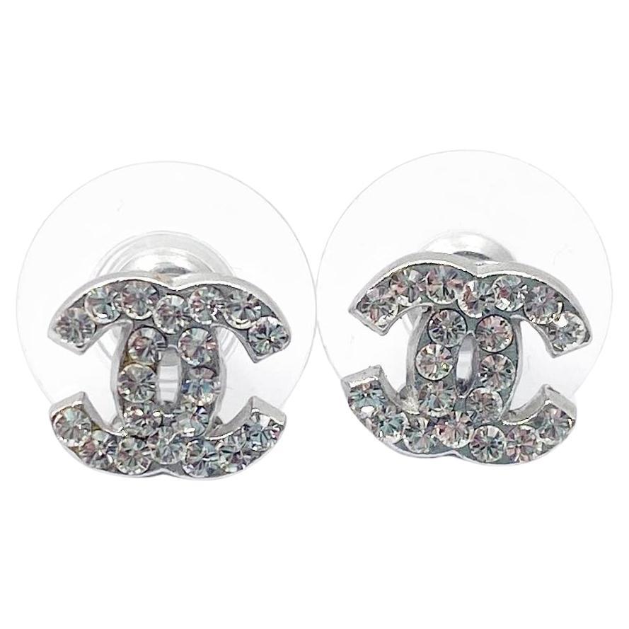 Chanel Classic Silver CC Crystal Small Piercing Earrings  