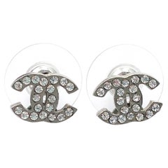 Chanel Classic Silver CC Crystal Small Piercing Earrings  