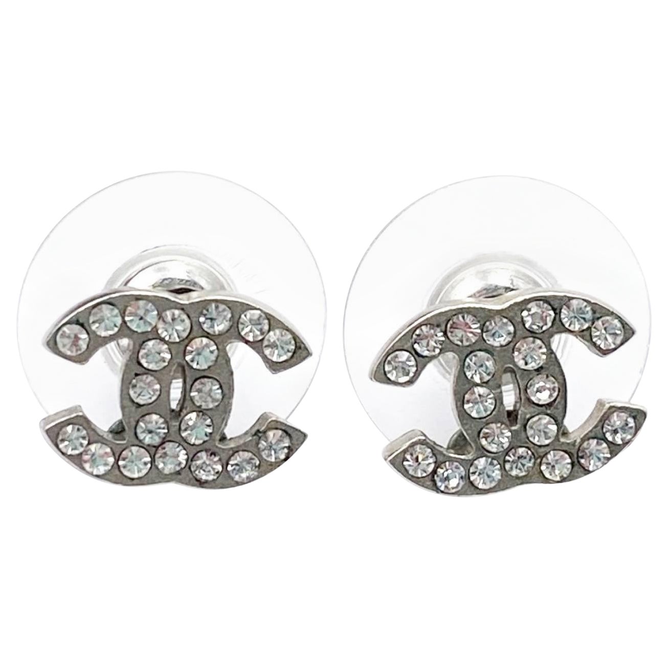 Chanel Classic Silver CC Crystal Small Piercing Earrings