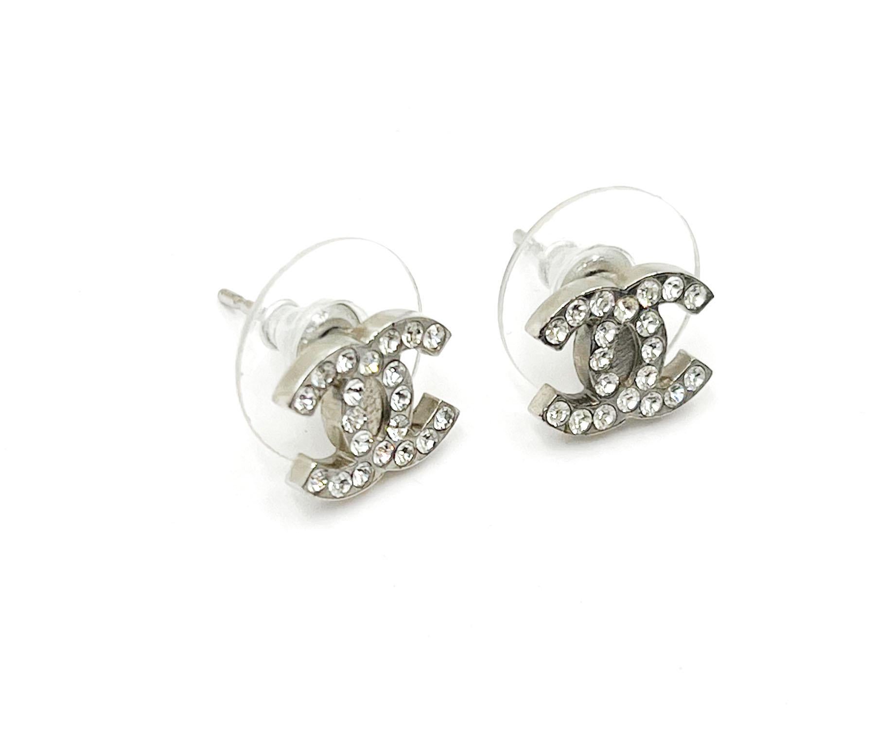 Artisan Chanel Classic Silver CC Crystal Solid Small Piercing Earrings
