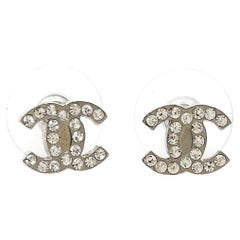 Chanel Classic Silver CC Crystal Solid Small Piercing Earrings