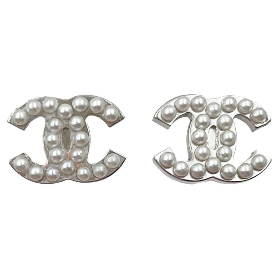 Chanel Classic Silver CC Faux Pearl Clip on Earrings