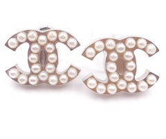 Chanel Classic Silver CC Faux Pearl Piercing Earrings