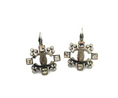 Chanel Classic Silver CC Geo Crystal Lever Back Earrings