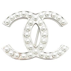 Vintage Chanel Classic Silver CC Pearl Brooch