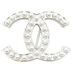 Chanel Classic Silver CC Pearl Brooch