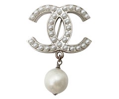 Chanel Classic Silver CC Pearl Pearl Dangle Brooch