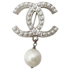 Chanel Classic Silver CC Pearl Pearl Dangle Brooch
