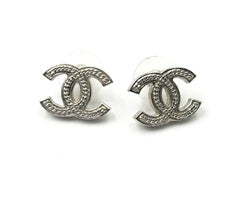 Chanel Classic Silver CC Rope Texture Piercing Earrings