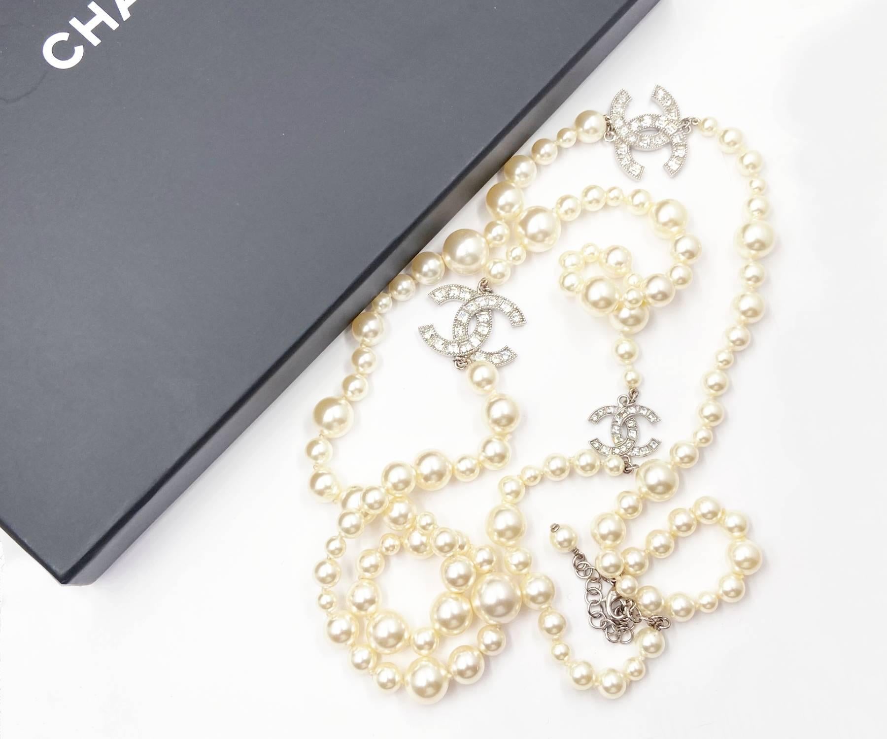 Chanel crystal pearl cc long necklace silver online