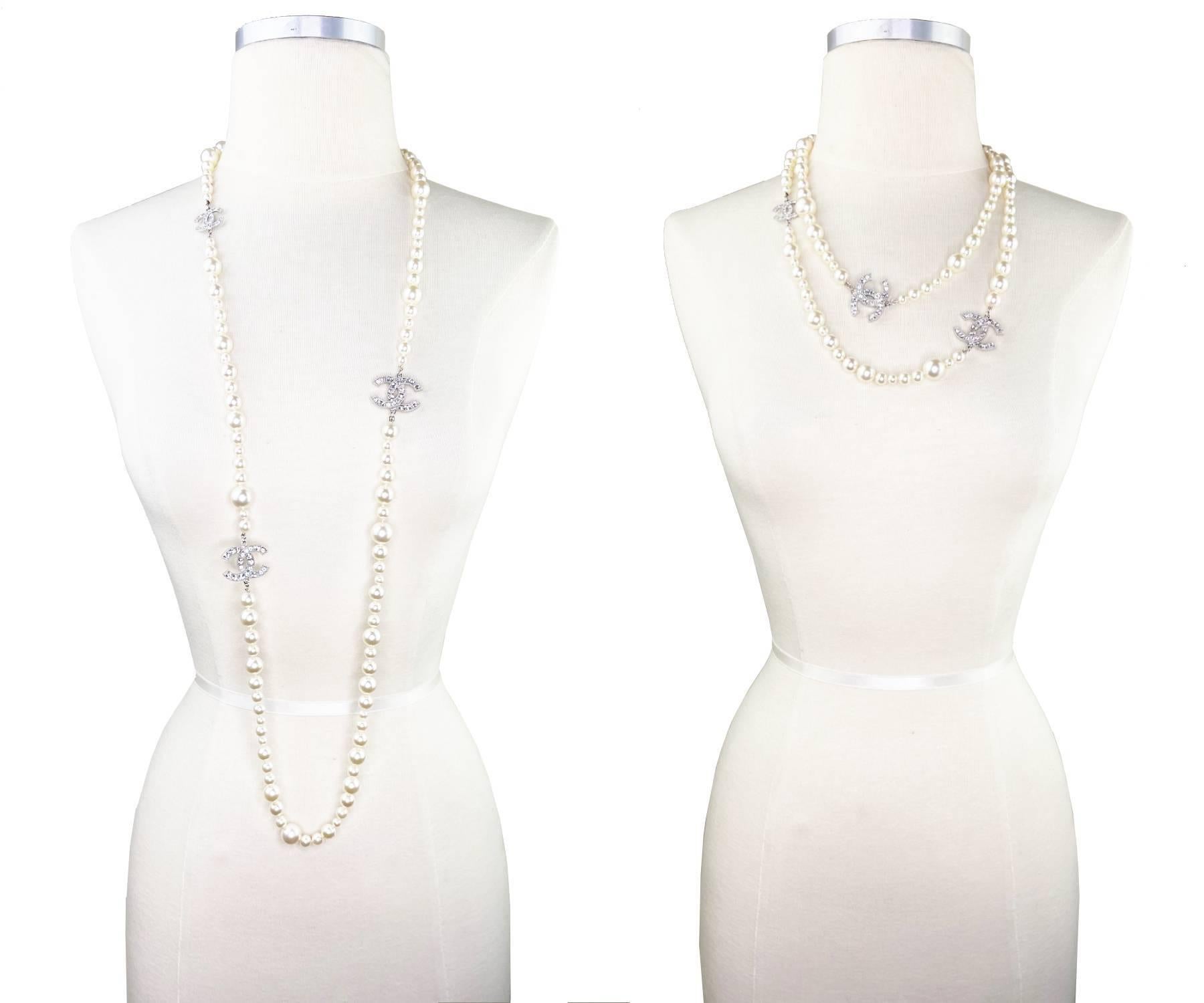 Chanel Classic Silver CC Square Crystal Pearl Long Necklace For Sale at ...